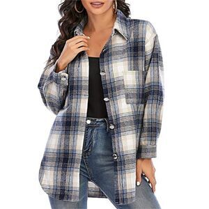 NEW! Long Sleeved Flannel Shirt Jacket Single Breasted Plaid Shacket Boho Autumn